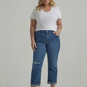 Lee Boyfriend Blue Jeans Mid Rise Rolled Cuff Dark Wash Distressed Size 18